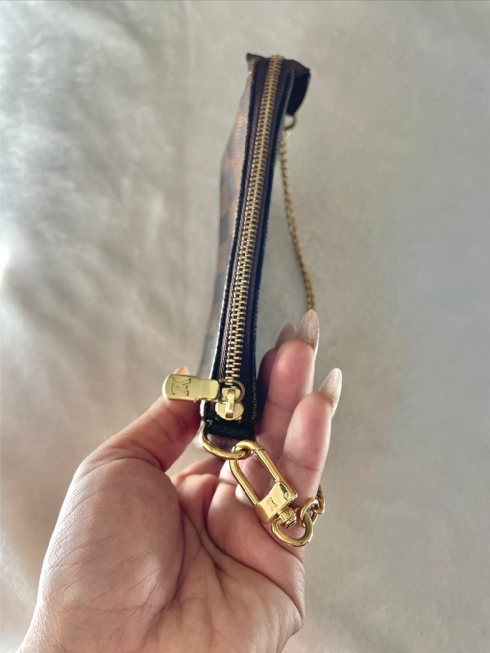 Louis Vuitton Brown Damier Ebene Mini Pochette with Gold Chain price is firm. - Picture 10 of 11